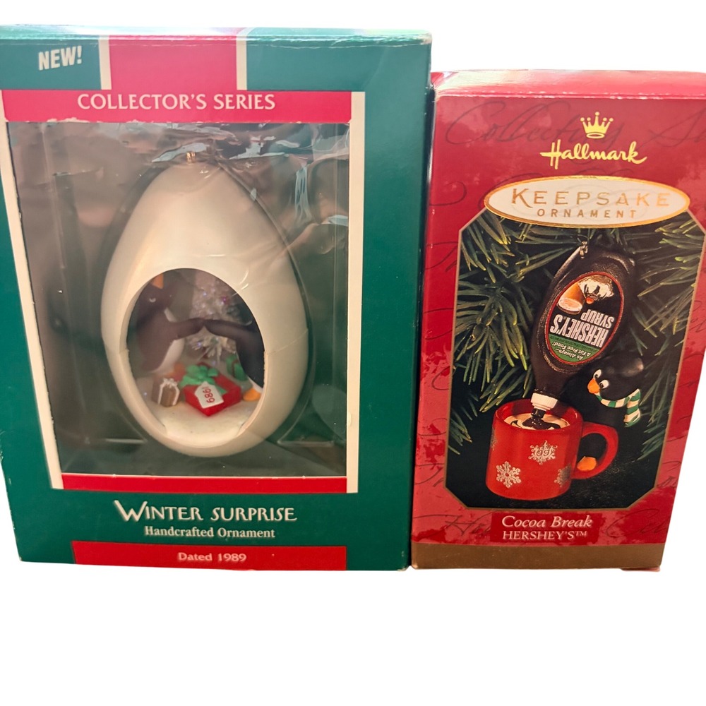 Vintage Hallmark Keepsake Penguin Ornaments 1989 Winter Surprise 1999 Coco Break